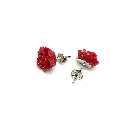 Red Rose Shaped Flower Stud Earrings - Picture 5 of 8
